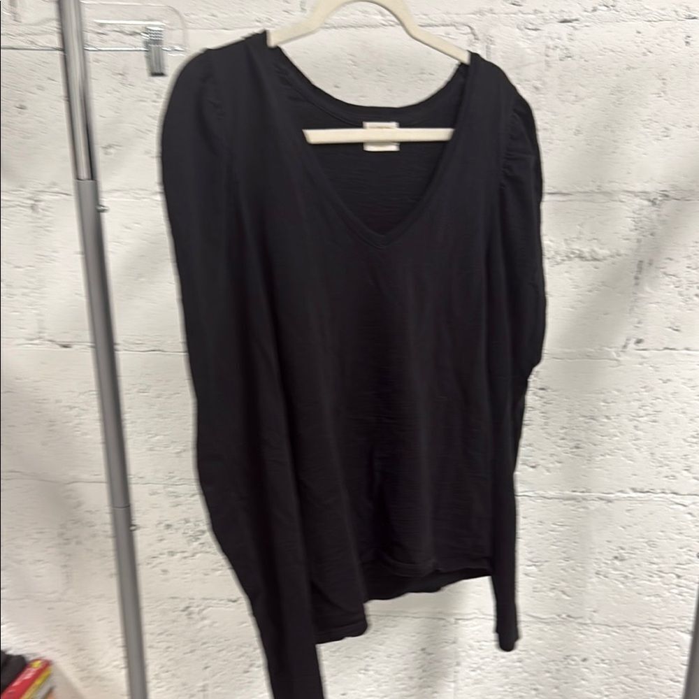 Elegant Black Scoop Neck Women's Top Puffed Shoulder Long Sleeve T - Size Large